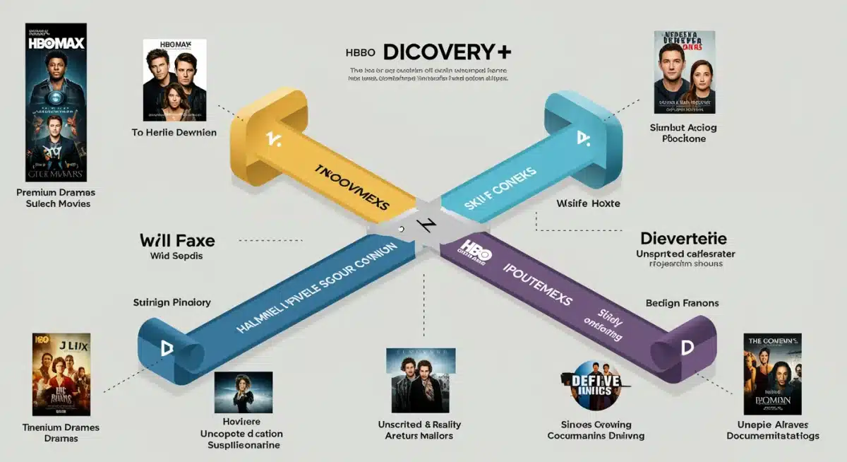 Infographic showing combined content libraries of HBO Max and Discovery+ on a unified streaming platform.