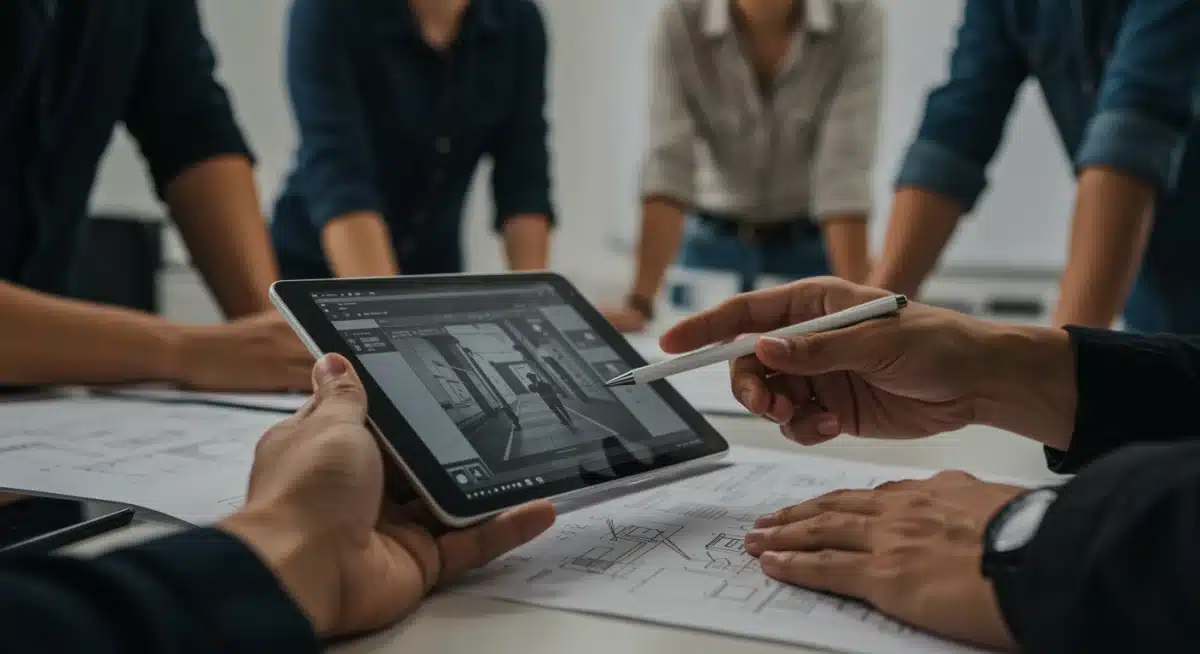 Production team reviewing digital storyboards for efficient scene planning.