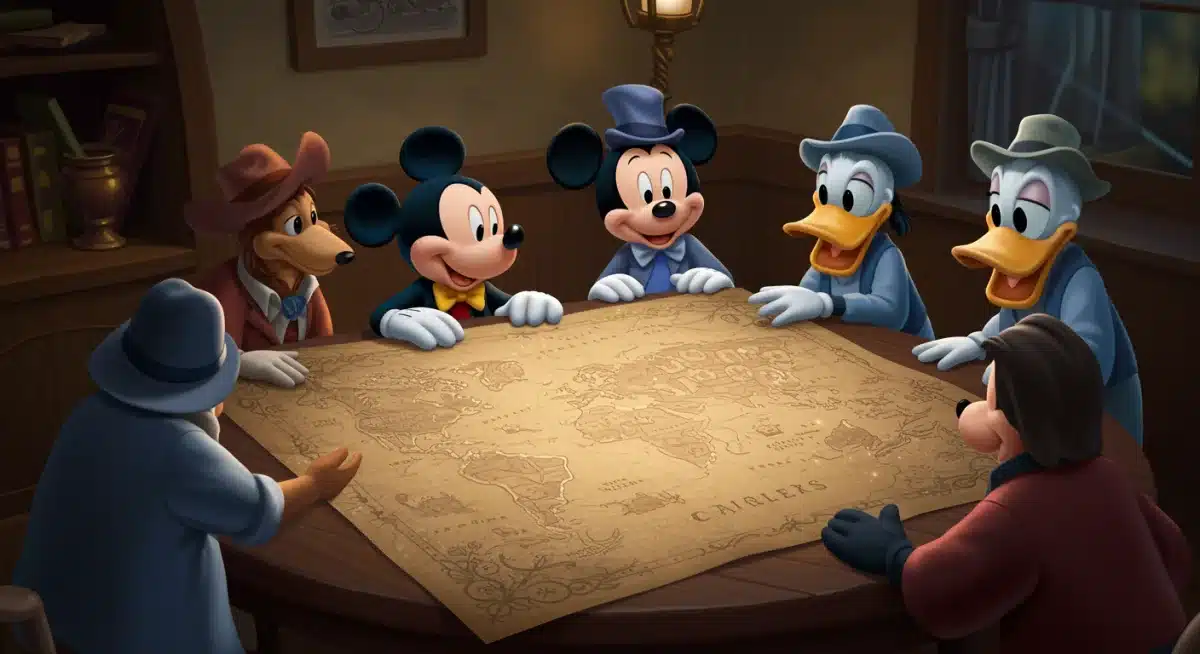 Classic Disney characters exploring a magical map, representing the timeless appeal of Disney's 2025 animated movies.
