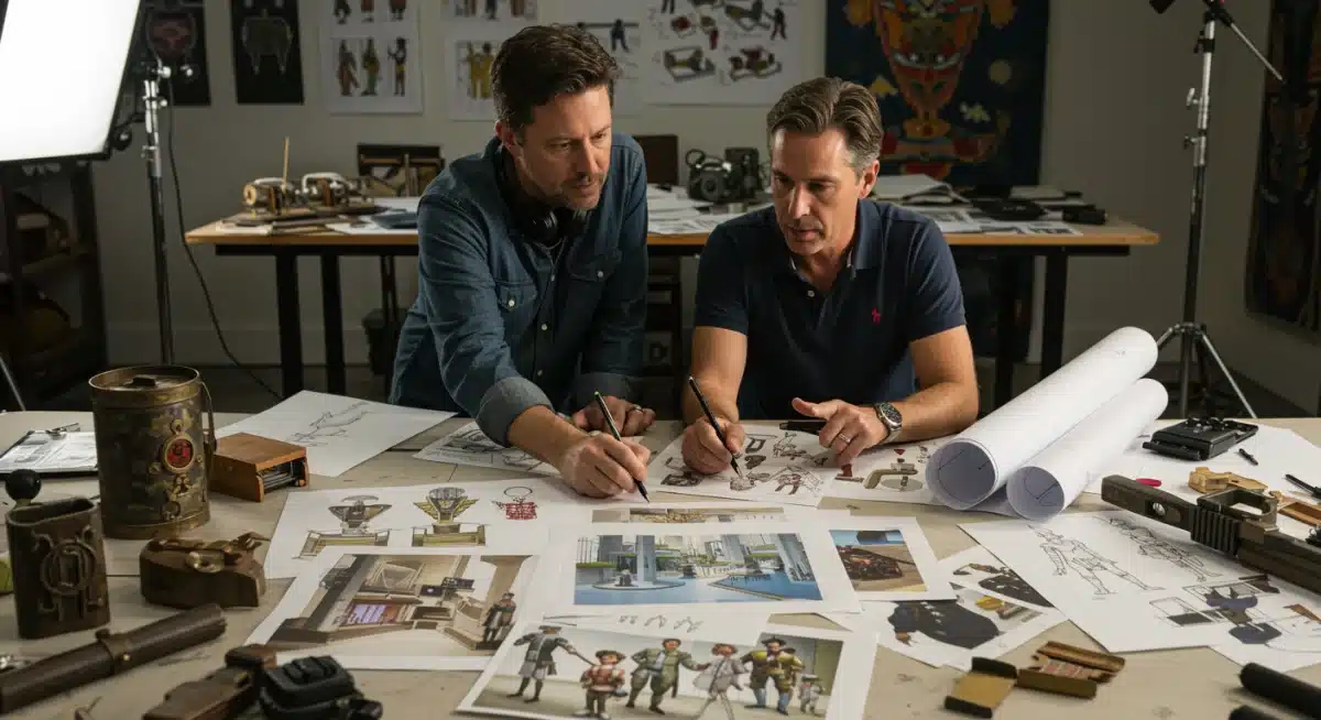 Director and production designer reviewing Disney+ movie set designs