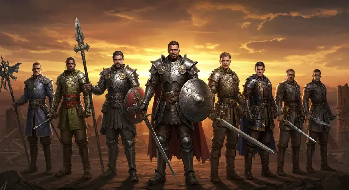 Diverse fantasy heroes in armor, ready for adventure, against a dramatic sunset backdrop.