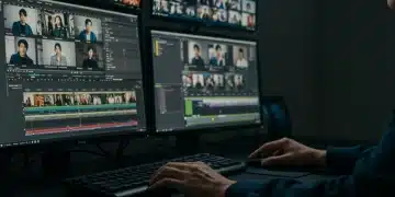 Editor meticulously adjusting dorama scenes on multiple screens