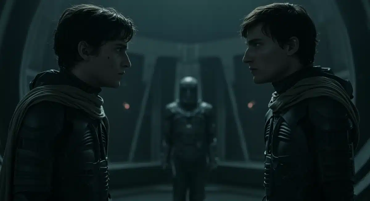 Tense confrontation scene in Dune Part Two, dramatic lighting