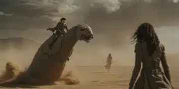 Paul Atreides riding sandworm on Arrakis, epic scale