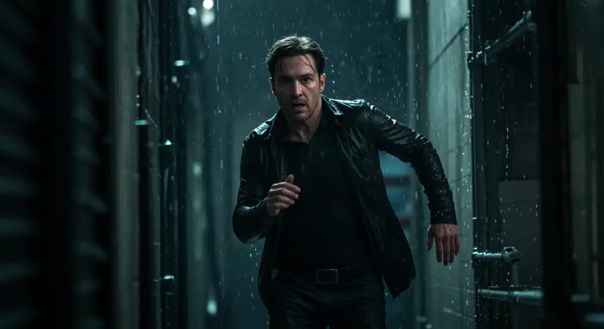 Protagonist running through a rainy, shadowy alley in an espionage thriller