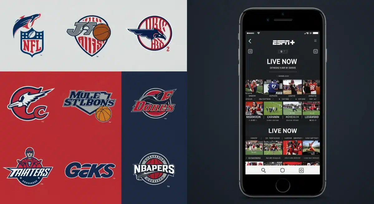 ESPN+ app interface displaying diverse live sports content and league logos.