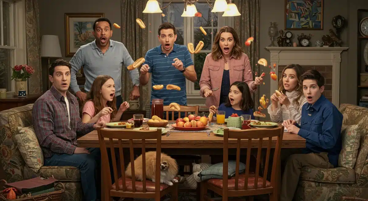 Family reacting comically during a dinner scene in a 2025 sitcom