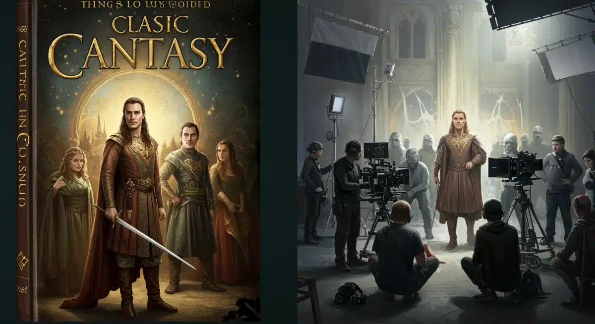 Fantasy book cover blending with a film set for a 2025 adaptation.