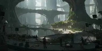 Panoramic view of an intricately designed fantasy city set, highlighting detailed architecture and vibrant alien flora under dramatic lighting.