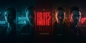 Five intense figures symbolizing new thriller series against a neon-lit city