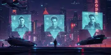 Futuristic cityscape with holographic film projections, symbolizing upcoming 2025 sci-fi cinema.