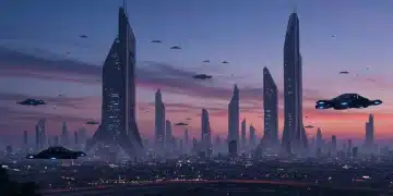 Futuristic cityscape at dusk with flying vehicles, representing advanced sci-fi series in 2025