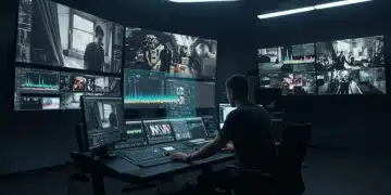 Advanced color grading suite with futuristic interfaces and high-resolution displays in 2025.