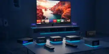 Futuristic living room with 4K TV and various streaming devices
