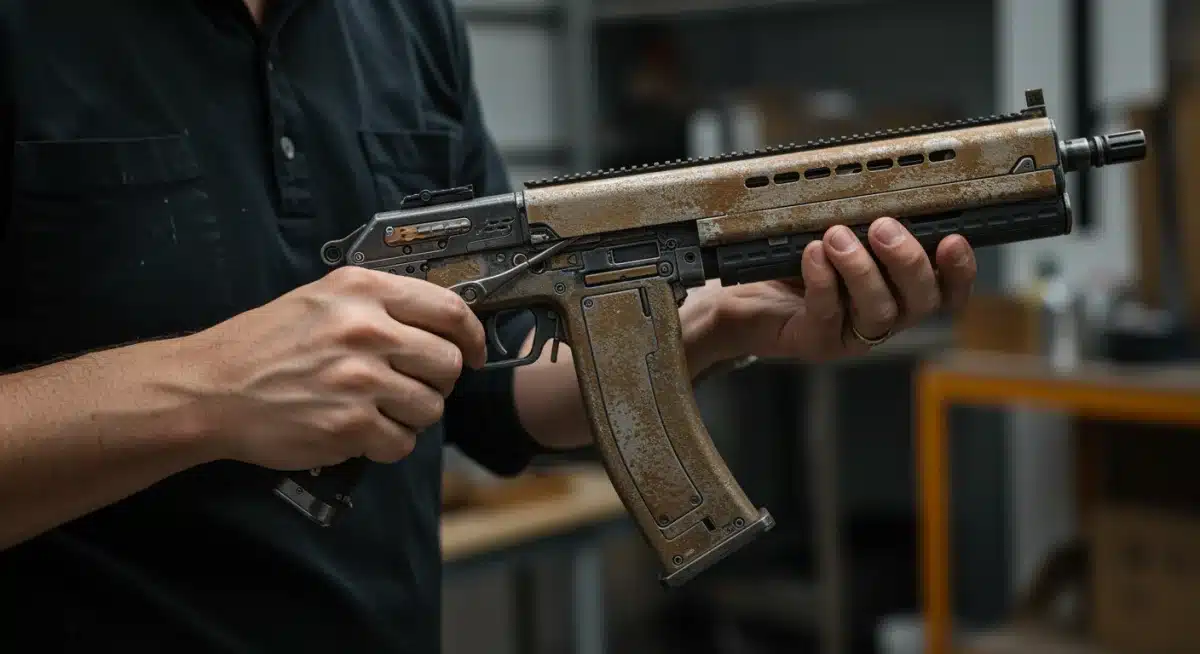 Prop master weathering futuristic weapon for series