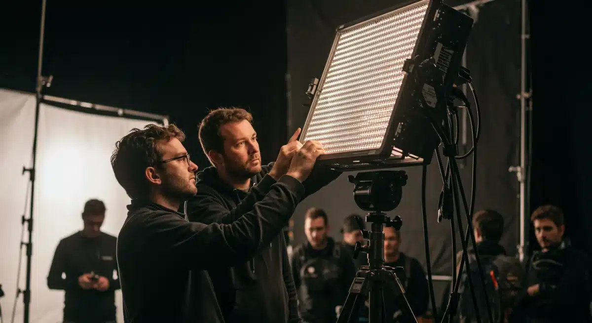Gaffer and best boy electric collaborate to adjust a large LED light on a film set.