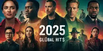 Exciting collage of diverse international TV series characters and iconic scenes for 2025 global hits