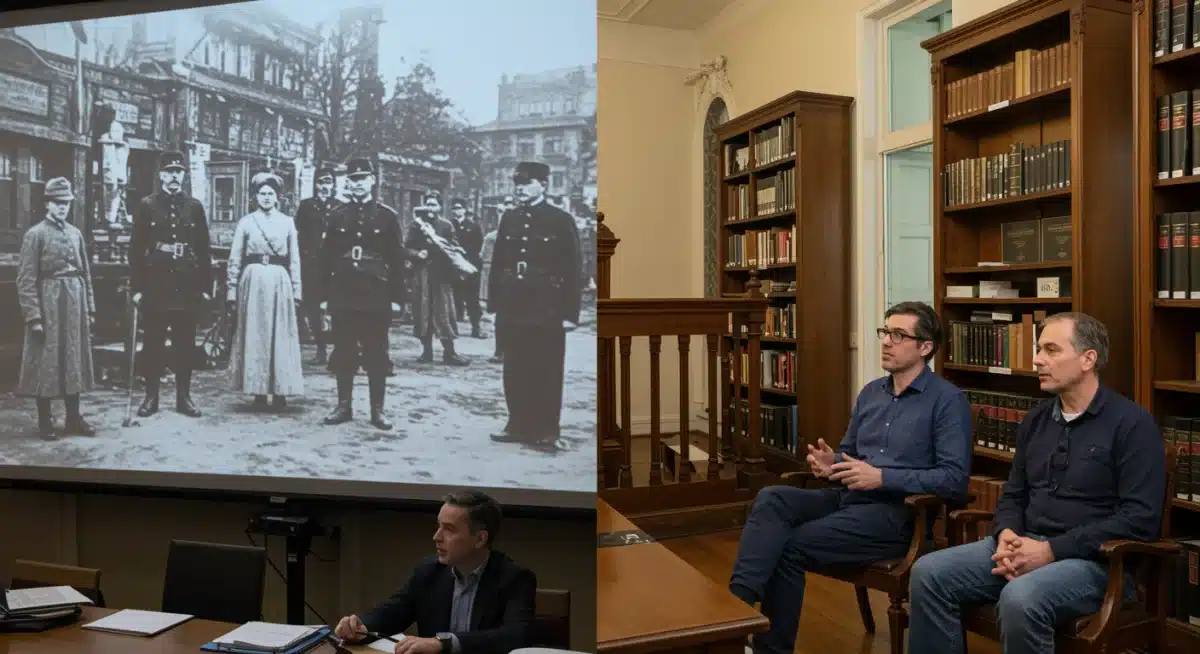 Visual representation of a historical documentary blending archival clips with modern expert commentary.