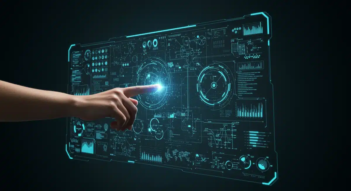 Holographic interface showing complex data, representing advanced technology and narrative depth in sci-fi