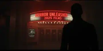 Eerie marquee announcing 'Horror Unleashed: 2025 Films' with a shadowy figure.