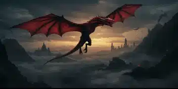 Majestic red dragon flying over a dark, cloudy Westeros landscape with ancient castles visible.