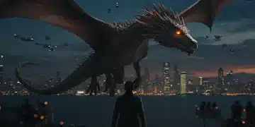 Hyper-realistic CGI dragon flying over futuristic city at dusk, showcasing 2025 VFX breakthroughs.