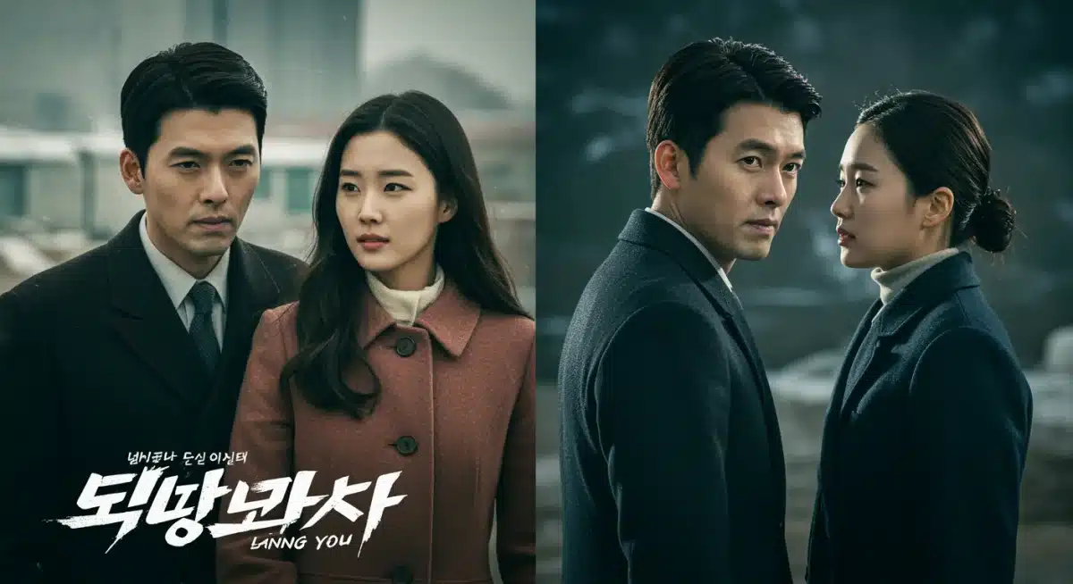 Hyun Bin and Son Ye-jin in 'Crash Landing on You', split image of North and South Korean settings.