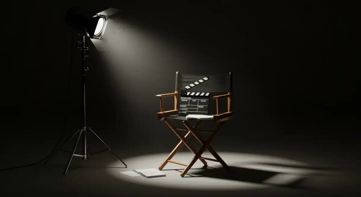 Director's chair on a minimalist set, spotlighted, symbolizing independent filmmaking and creative vision.