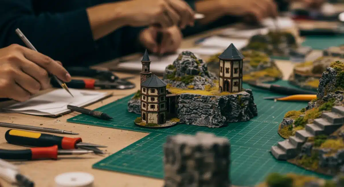 Artisans meticulously crafting miniature models for fantasy set designs, demonstrating detailed handiwork and a mix of traditional and modern techniques.