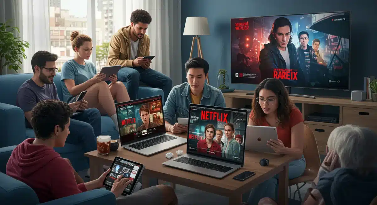 Viewers enjoying diverse Netflix content on multiple devices, illustrating the broad appeal of Q3 2025 releases.