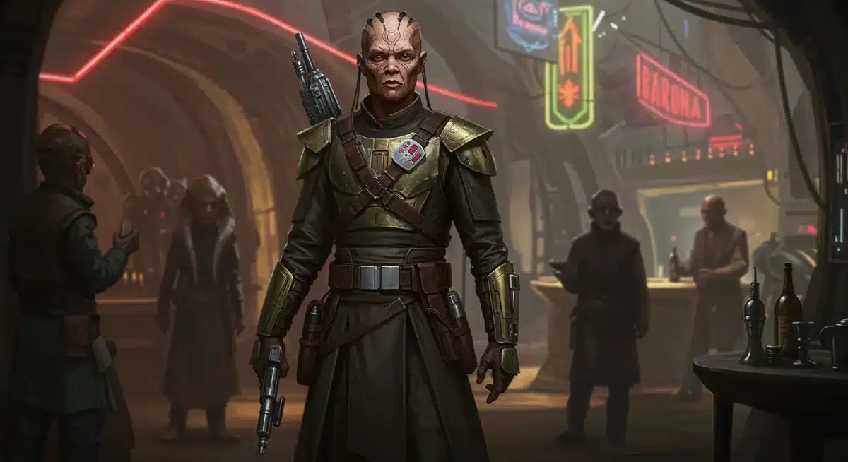 Concept art of a new mysterious character in intricate armor in a futuristic cantina.