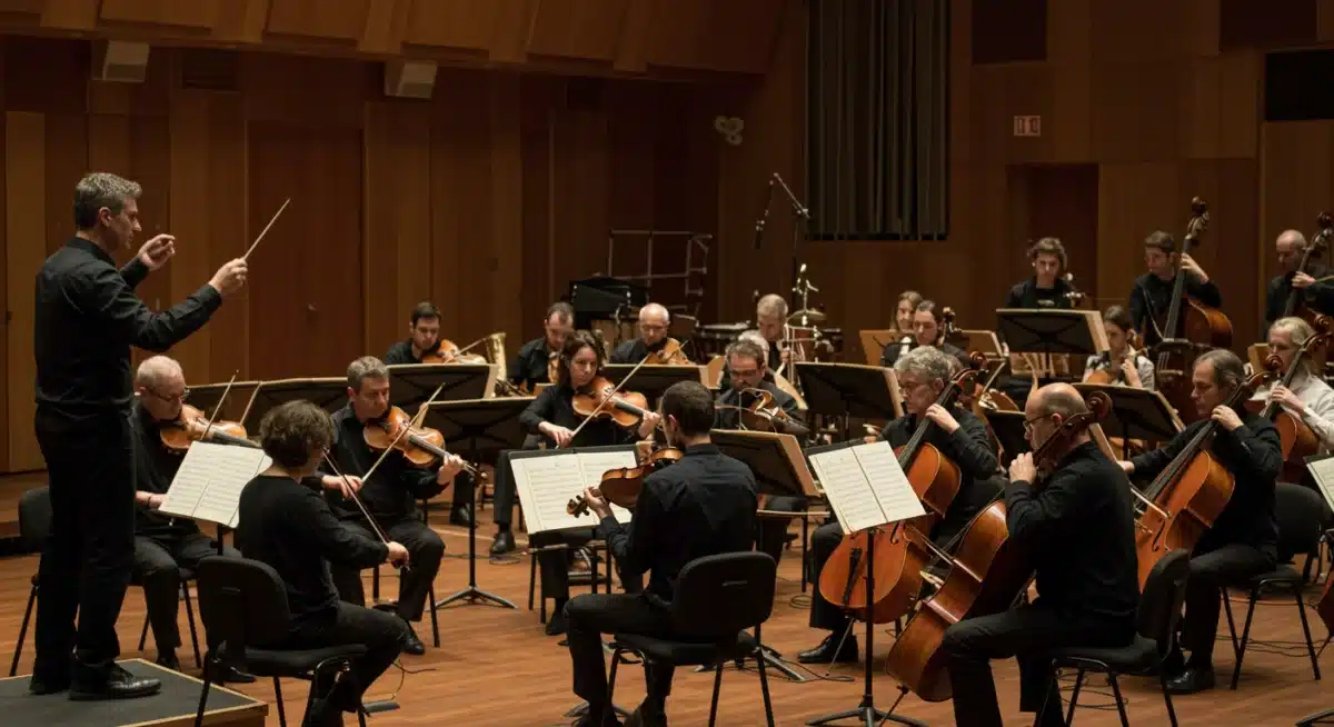 Orchestra performing a film score in a studio setting