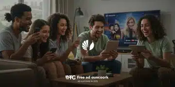 People enjoying free ad-supported Peacock streaming content on multiple devices in a modern living room setting.