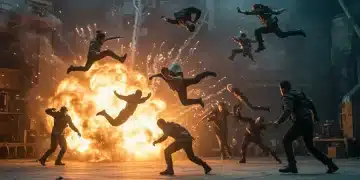 Dynamic stunt sequence from a Prime Video action film, showcasing complex choreography and intense action.
