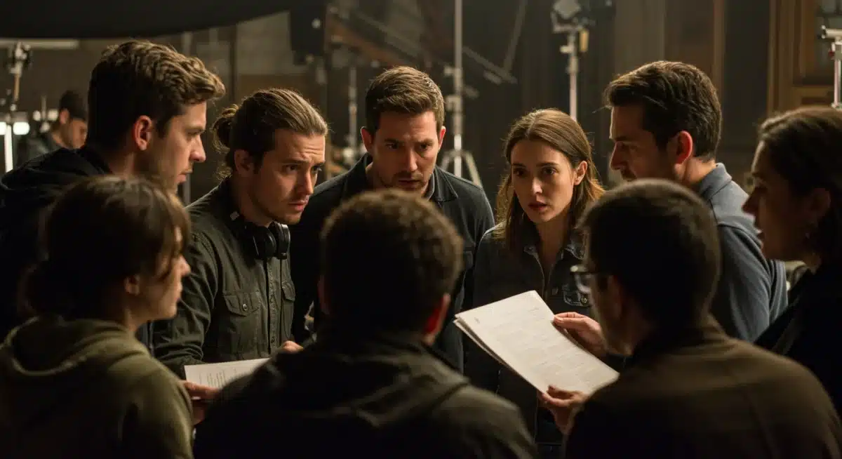 Production crew huddling, discussing an unexpected problem on a film set, showing collaborative problem-solving.