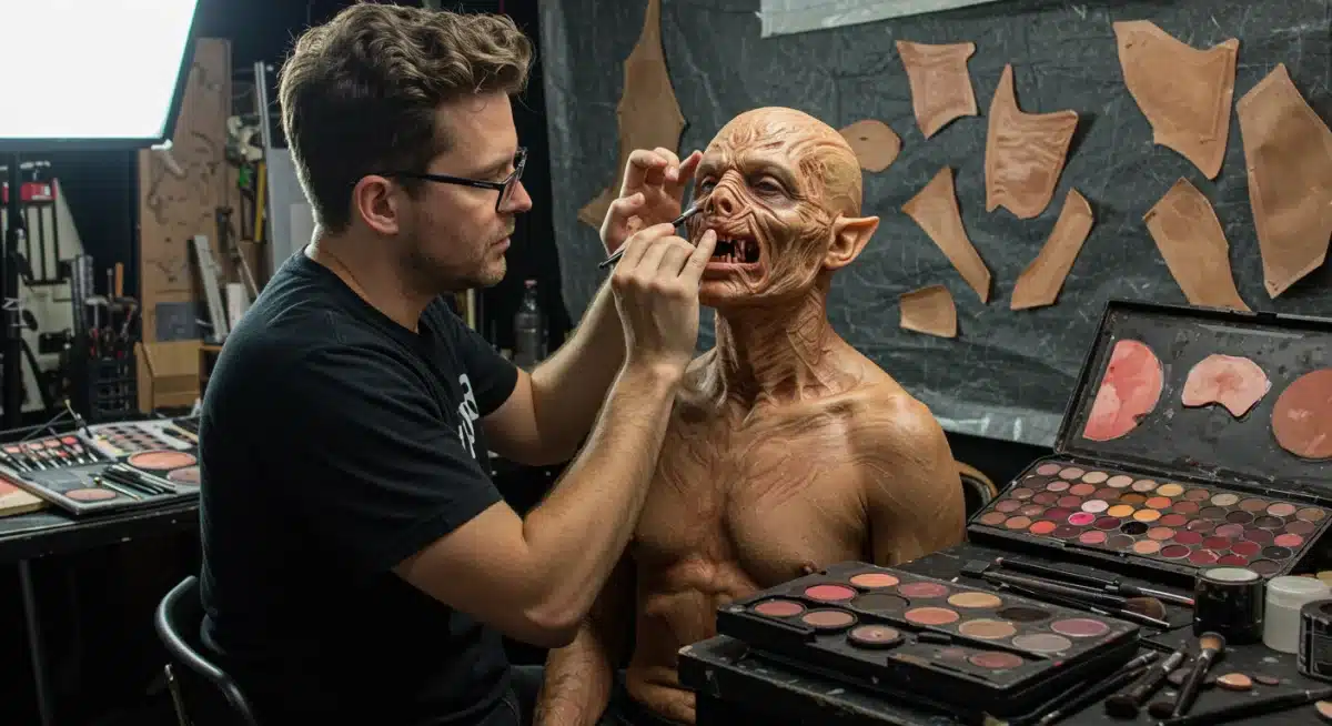 Special effects artists applying creature prosthetics on set