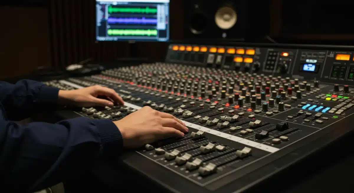 Sound engineer meticulous audio mixing for film