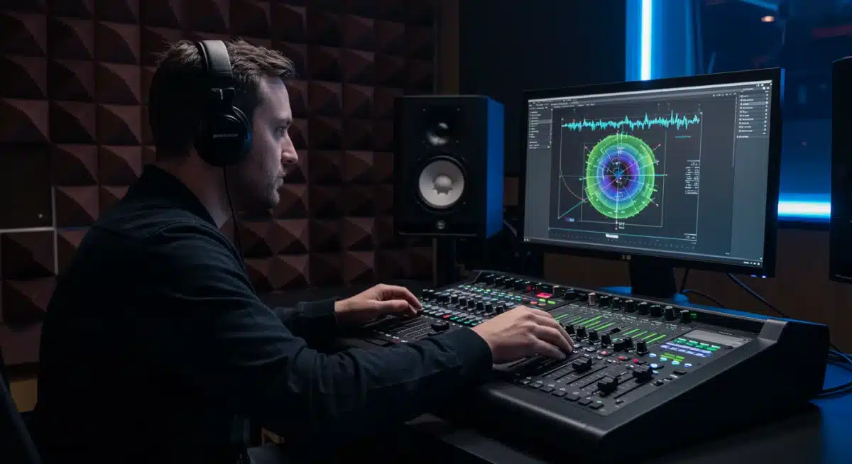 Sound engineer working on advanced spatial audio mixing in a modern studio.