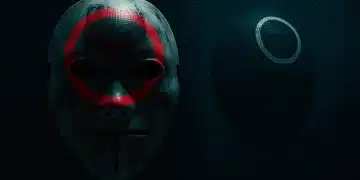 Squid Game mask with red circle against dark background
