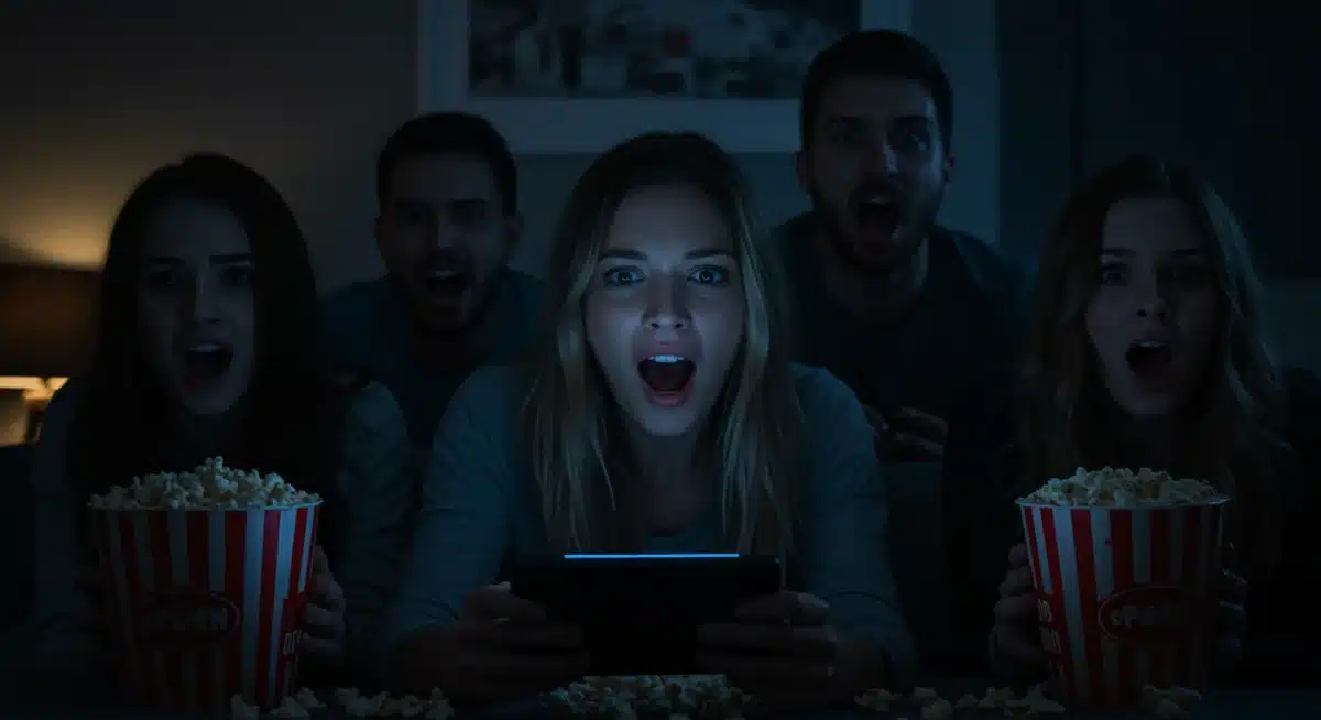 People watching a horror movie on a streaming device in a dark room.