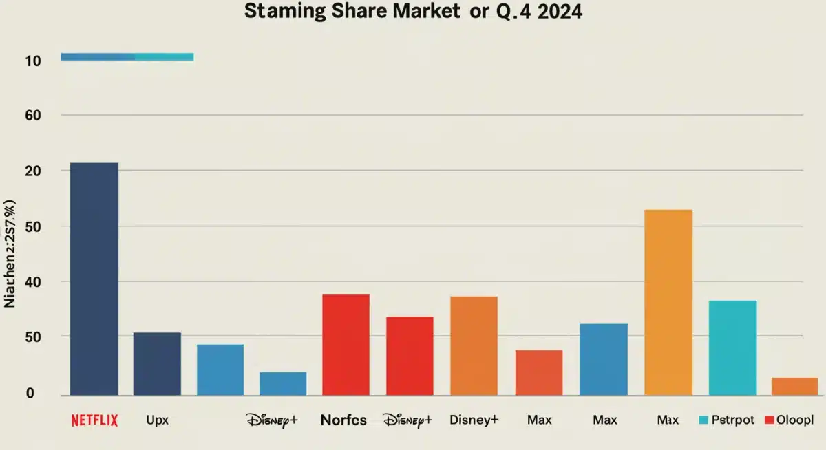 Bar chart showing Q4 2024 streaming market share with Netflix leading, followed by competitors like Disney+ and Max.