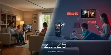 Families enjoying entertainment, contrasting cable television with modern streaming services in 2025.