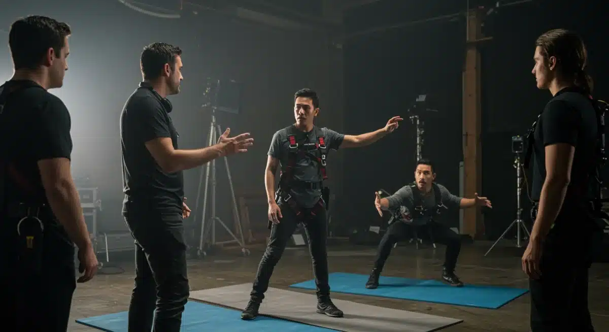 Stunt coordinator briefing performers on set, detailing specific movements for a complex action sequence.