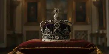 Regal crown on velvet, symbolizing 'The Crown' series finale's record-breaking success on Netflix in December 2025.