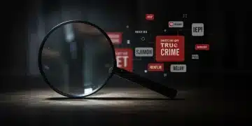 Magnifying glass over a crime scene with streaming icons, representing true crime documentaries' popularity.
