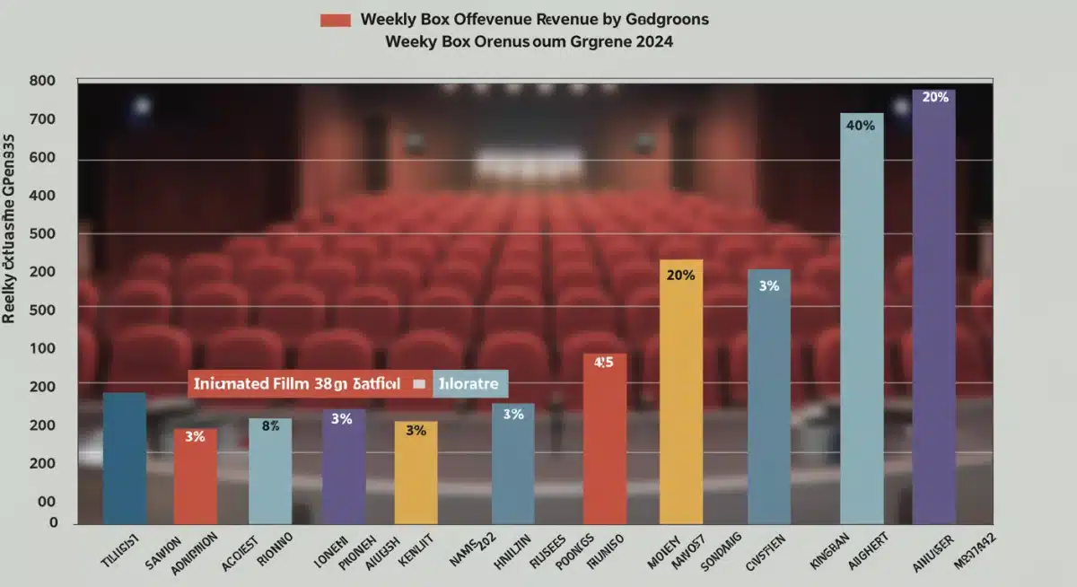 Bar chart showing 2024 weekly box office revenue by genre, highlighting animated films at 30%.